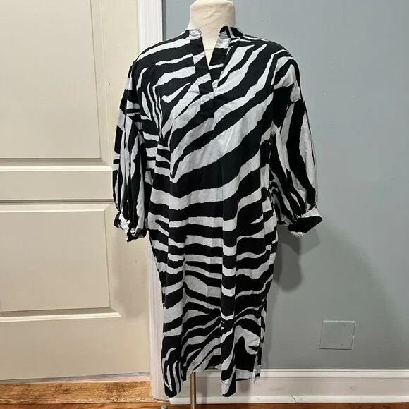 Natori Balloon Sleeve Belted Shirtdress - Animal - Black Multi/Black/White‎ - M